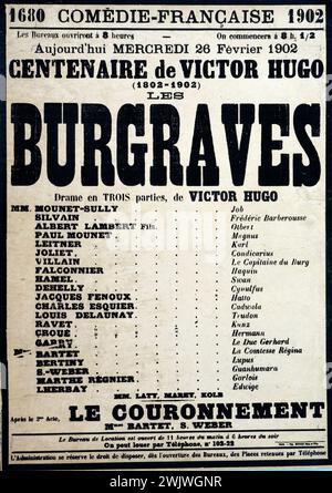 Morris Vater und Sohn drucken. "Comedy-Französisch, hundertjähriges Jubiläum von Victor Hugo, Les Burgraves". Poster. Typografie. 1902. Paris, Museum Carnavalet. Poster, Comedie-Francaise, Verleih, romantisches Drama, französischer Schriftsteller, Werbung, Wiederbeschwörung, Typografie, Stück Stockfoto