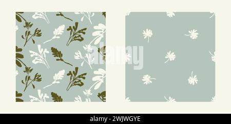 Modernes botanisches minimales Wildblumen-Vektormuster-Set. Sommer Geschlecht neutral gepresste Blume Silhouette Hintergrund. Einfaches Naturpapier mit Blumenmuster Stock Vektor