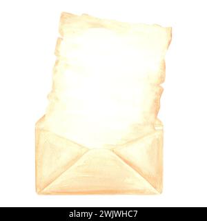 Blatt altes Pergament in Handwerksumschlag. Schreibzubehör, altes Papier. Handgezeichnete Aquarell-Illustration Vorlage von Vintage-Brief, Schreibwaren. Isola Stockfoto