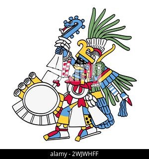 Huitzilopochtli, Schutzgott der Azteken und Hauptstadt Tenochtitlan. Sonnengottheit und Kriegsgottheit des Opfers, Xiuhcoatl, die Feuerschlange. Stockfoto