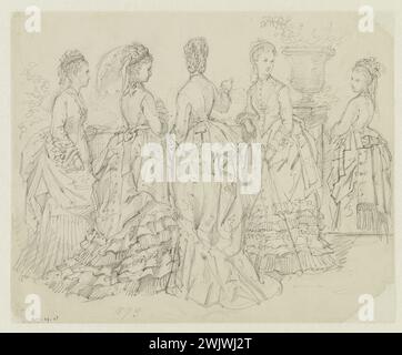 Anais Toudouze (1822-1899). "Gruppe von Frauen im Garten". Kleider, Flyer, Fransen und Bänder. Bleimine, Whitepaper. 1873. Galliera, Modemuseum der Stadt Paris. 37825-2 Zeichnung, Frau, Pony, Gruppe, Garten, Bleimine, Faltkleid, Schleife, zweites Reich, Lenkrad Stockfoto