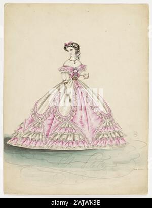 Charles Pilatte für das Haus der Ghys. Modellfigur für Schneiderin. Pinkfarbenes Abendkleid mit Rüschenreihen im Wechsel in Rosa und weiß, Doppelrock mit weißen Rüschenschnitten, Modell Madame Ghys. Aquarell auf Karton. 1860-1870. Galliera, Modemuseum der Stadt Paris. 37830-13 Aquarell auf Karton, Dekree Rang Fliegen, weiß Fliegen, Doppelrock, weiblich, Junge Frau, Ghys Haus, Figurenmodell, weibliches Modell, für Couturiere, Abendkleid, rosa und weiß, rosa, zweites Reich Stockfoto