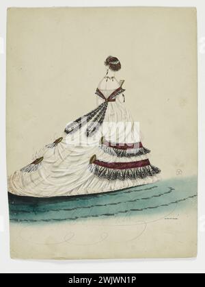 Charles Pilatte für das Haus der Ghys. Modellfigur für Schneiderin. Abendkleid von hinten; Lenkrad aus schwarzer Spitze, goldene Nadeln, jetzt ein Vorhang und zwei Reihen Spitzenrüschen, die von einem violetten Vorsprung mit einem goldenen Blumenfries, Madame Ghys, überzogen werden. Aquarell auf Karton. 1860-1870. Galliera, Modemuseum der Stadt Paris. 37836-5 Aquarell auf Pappe, lila Bias, brocker, Drapierung, weiblich, Junge Frau, Haus Gheys, weibliches Modell, weibliches Modell, Ornne Border Blume doree, für Couturiere, Reihe, Abendkleid, zweites Reich, Überbau, schwarzes Spitzenlenkrad, Rückansicht Stockfoto