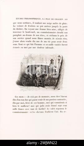 Anonym. "La Skin de Chagrin", Roman von Honoré de Balzac (1799-1850), illustrierte Ausgabe. Ich habe keine Währung, meine Liebe! ''. Stahlgravur. Edition H. Delloye und Victor Lecou, 1838. Paris, Maison de Balzac. Stahlstich, Illustration, die Haut der Trauer, illustre Arbeit, Roman, Wurfarbeiten Stockfoto