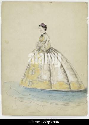 Charles Pilatte für das Haus der Ghys. Modellfigur für Schneiderin. Gelbes Kleid mit weißen Blumenhäusern, Madame Ghys Modell. Aquarell auf Karton. 1860. Galliera, Modemuseum der Stadt Paris. 37795-5 Carton Aquarell, Schneiderin, Ghey-Haus, Zuckerrohrwürfel, weiße Besätze, gelbes Kleid Stockfoto