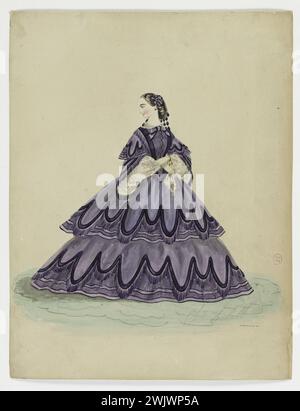 Charles Pilatte für das Haus der Ghys. Modellfigur für Schneiderin. Lilas Stadtkleid, verziert mit geschimpften Mustern mit Fransen, Mrs. Ghys Model. Aquarell auf Karton. 1860. Galliera, Modemuseum der Stadt Paris. 37797-16 Watercolor on Carton, Album, Couturiere, junge Frau, Ghys House, Modellierung, zweites Reich, Kleid Stockfoto