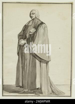 Pierre Thomas Leclerc (1740-APR. Nr. 1799). „Richter“. Zeichnung für das Brett 241 oder 242 des 38. Notizbuches (bis) der 'französischen Kostüme', 33. Suite der 'modischen Kleider' 1782. Schwarzer Tintenstift, graues Waschen, weißes Papier. Galliera, Modemuseum der Stadt Paris. 37827-1 französisches Kostüm, schwarze Tinte, modische Kleidung, graue Waschung, Richter, Feder, Kleid Stockfoto