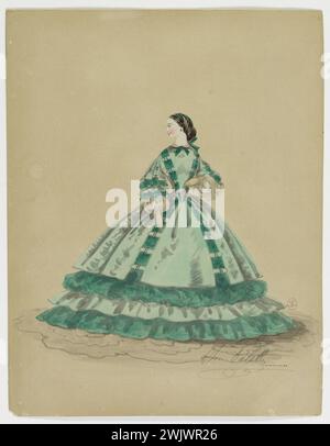 Charles Pilatte für das Haus der Ghys. Modellfigur für Schneiderin. Grünes Stadtkleid, dekoriert mit treibenden grünen Schwungrädern und grünen Quadraten, MADAME GHYS Modell. Aquarell auf Karton. 1860. Galliera, Modemuseum der Stadt Paris. 37797-20 Watercolor on Carton, Album, Couturiere, junge Frau, Ghys House, Modellierung, zweites Reich, Kleid Stockfoto