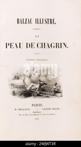 Anonym. "La Skin de Chagrin", Roman von Honoré de Balzac (1799-1850), illustrierte Ausgabe. "Skelett zieht Raphaël de Valentin durch Haare". Stahlgravur. Edition H. Delloye und Victor Lecou, 1838. Paris, Maison de Balzac. Stahlstich, Illustration, die Haut der Trauer, illustre Arbeit, Roman, Wurfarbeiten Stockfoto