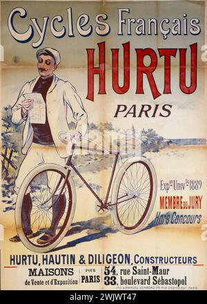 Eugène Ogé (1861-1936). Charles Verneau Druckerei. Französische Hurtu-Zyklen, Paris. Poster. Farblithographie, um 1892. Paris, Carnavalet Museum. 33 Boulevard Sebastopol, 54 rue Saint-Maur, Poster, Fahrrad, französisches Fahrrad, Radfahrer, Hurtu, Farb-Lithographie, Werbung, Werbung, Fahrrad Stockfoto