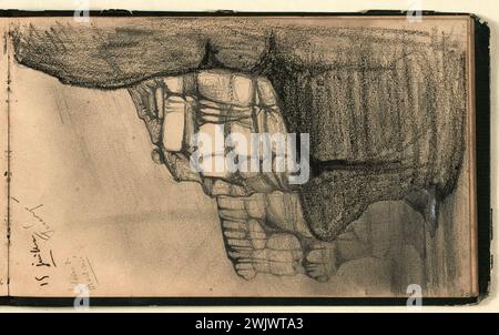 Hugo, Victor (N.1802-02-26-D.1885-05-22), Fécamp-Falaise de Bois-Rosé (Titel des Verfassers), 15.07.1836. Graphitstift, schwarzer Bleistift, braune Feder und Tinte, auf Blatt aus gewebtem Papier. House of Victor Hugo - Hauteville House. Stellt die Klippe von Amont in Fécamp dar, benannt nach der Meisterleistung des Ritters von Bois-Rosé, Gefährte von Henri de Navarra, dem späteren Henri IV., der nachts mit fünfzig Mann kletterte, um die Festung der Stadt Baudouin einzunehmen. Stockfoto
