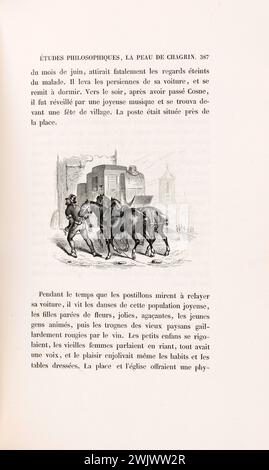 Anonym. "La Skin de Chagrin", Roman von Honoré de Balzac (1799-1850), illustrierte Ausgabe. "Postillons, die den Wagen von Raphaël de Valentin umstellen". Stahlgravur. Edition H. Delloye und Victor Lecou, 1838. Paris, Maison de Balzac. Stahlstich, Illustration, die Haut der Trauer, illustre Arbeit, Roman, Wurfarbeiten Stockfoto