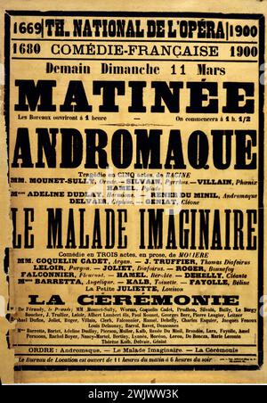 Morris Vater und Sohn drucken. „Th. Nationalspieler der Oper, Comédie Francaise, Andromaque'. Poster. Typografie. 1900. Paris, Museum Carnavalet. Poster, Comedie, Comedie-Francaise, Oper, Programm, Werbung, Reklamme, Tragödie, Typografie, Stück Stockfoto