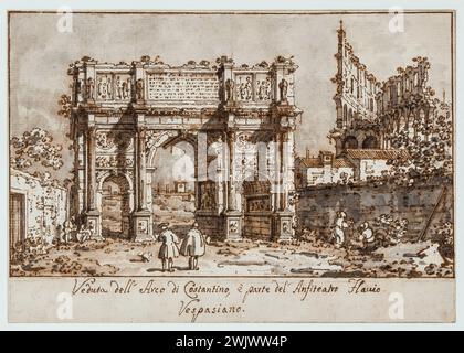 Canaletto (Giovanni Antonio Canal, 1697-1768). Der Konstantinsbogen in Rom. Brauner Stift und Tinte, graue Tinte, graue Tintenwäsche. Museum der Schönen Künste der Stadt Paris, Petit Palais. Antike, römische Antike, Triumphbogen, antike Architektur, Zeichnung, Forum Romanum, Denkmal, archäologische Stätte, Stadt, 18. 18. 18. 18. 18. 18. 18. 18. 18. 18. 18 18. Jahrhundert Stockfoto