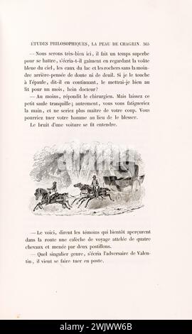 Anonym. "La Skin de Chagrin", Roman von Honoré de Balzac (1799-1850), illustrierte Ausgabe. Ein Reisewagen mit vier Pferden und zwei Postillons. ''. Gravur auf Stahl. Edition H. Delloye und Victor Lecou, 1838. Paris, Maison de Balzac. Stahlstich, Illustration, die Haut der Trauer, illustre Arbeit, Roman, Wurfarbeiten Stockfoto