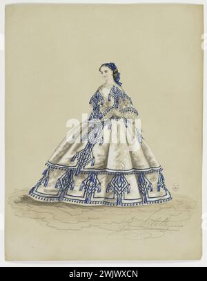 Charles Pilatte für das Haus der Ghys. Modellfigur für Schneiderin. Weißes Stadtkleid, verziert mit blauem Eichelfries, MADAME GHYS Modell. Aquarell auf Karton. 1860. Galliera, Modemuseum der Stadt Paris. 37797-14 Watercolor on Carton, Album, Couturiere, junge Frau, Ghys House, Modellierung, zweites Reich, Kleid Stockfoto