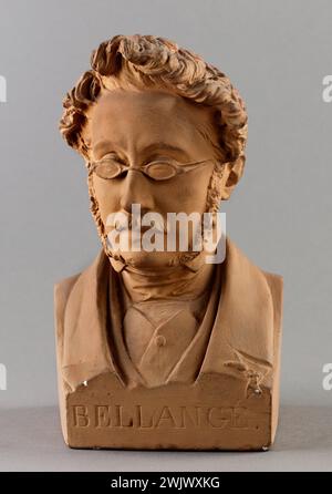 Jean-Pierre Dantan (1800–1869) sagte Dantan den Jungen. Ernsthaftes Porträt von Joseph-Louis-Hippolyte Bellangé (1800-1866), Maler. Terrakotta-patiniertes Gips. 1847. Paris, Museum Carnavalet. 53355-11 französischer Maler, Patina, Porträt, Terrakotta Stockfoto