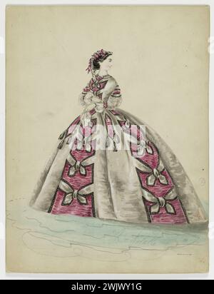 Charles Pilatte für das Haus der Ghys. Modellfigur für Schneiderin. Weißes Kleid mit rosa Friesen, Knoten und weißen Eicheln, Modell von Madame Ghys. Aquarell auf Karton. 1860. Galliera, Modemuseum der Stadt Paris. 37795-10 Carton Aquarell, Couturiere, rosa Fries, weiße Eichel, Gheyhaus, Gehrümpfe, Model, Knoten, weißes Kleid Stockfoto