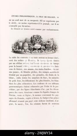 Anonym. "La Skin de Chagrin", Roman von Honoré de Balzac (1799-1850), illustrierte Ausgabe. Das Dessert wurde wie von Zauberhand serviert. ''. Gravur auf Stahl. Edition H. Delloye und Victor Lecou, 1838. Paris, Maison de Balzac. Stahlstich, Illustration, die Haut der Trauer, illustre Arbeit, Roman, Wurfarbeiten Stockfoto