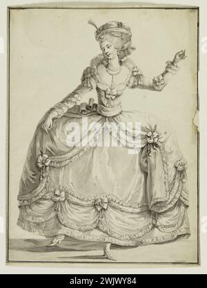 Pierre Thomas Leclerc (1740-APR. Nr. 1799). „Großes Kleid mit Sultana“. Zeichnung für den Stich von Vossinik unter der Leitung von Janinet, 'Galerie des modes et costumes francais', 34. Notizbuch (bis) französischer Kostüme, 31. Suite modischer Kleidung 1782. Schwarzer Tintenstift, graues Waschen, weißes Papier. 1782. Galliera, Modemuseum der Stadt Paris. 37826-14 Zeichnung, schwarze Tinte, Frau, großes Sultanum-Kleid, graue Waschung, Feder Stockfoto