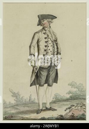 Pierre Thomas Leclerc (1740-APR. Nr. 1799). "Kleine graue Trauer". Zeichnung zum Stich von Voysard, 'Galerie der Modi und Kostüme' fr., 37. Französisches Kostümheft, 29. Suite modischer Kleidung 1781. Schwarze Tuschfeder, graue Waschung, Gouache erhöht, weißes Papier. Galliera, Modemuseum der Stadt Paris. 37826-13 Zeichnung, schwarze Tinte, grau, Gewohnheit der kleinen Trauer, Waschen, Rhabes Gouache, Feder Stockfoto