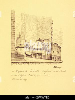 Henri Chapelle (1850-25). "Das schöne englische Geschäft - 152, Rue Saint Honoré gegen die Kirche Saint Philippe du Roule, die 1898 abgerissen wurde". Paris (VIII. Arr.). Zeichnung. Paris, Carnavalet Museum. 78032-1 Adosser, Arrondissement, schönes Englisch, Geschäft, Handel, Zeichnung, Kirche Saint Philippe du Roule, Geschäft, rue Saint-Honore, VIIIEME VIIIE VIII 8E 8E 8E 8E 8E 8E Stockfoto