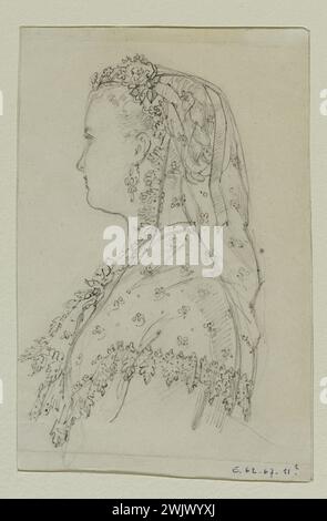 Anais Toudouze (1822-1899). "Frauenbüste in Mantilla". Mantille mit Blumen- und Pflanzenmustern. Bleimine, Whitepaper. Um 1867. Galliera, Modemuseum der Stadt Paris. 37824-5 Frauenbüste, Frisur, Zeichnung, Blume, Mantilla, Bleimine, Profil, zweites Reich, Segel Stockfoto