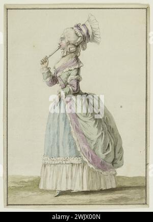 Pierre Thomas Leclerc (1740-APR. Nr. 1799). 'Circacian mit Streifen anderer Farbe, die von Musselin umrandet sind'. Zeichnung für Brett von Le Beau, 'Galerie des Modes et Kostüumes francais', 35. Notizbuch (bis) von 'French Kostüumes', 27. Suite von 'Modern Dresses' im Jahr 1781. Schwarzer Tintenstift, graues Waschen, verbessertes Gouache, weißes Papier. Galliera, Modemuseum der Stadt Paris. 37827-4 Accessoire, Tscherkazianisch mit Band, schwarze Tinte, Abend, Galerie französischer Modi und Kostüme, modische Kleidung, graue Waschung, Musselin, Profil, zweites Reich, Feder Stockfoto