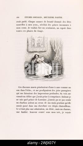 Anonym. "La Skin de Chagrin", Roman von Honoré de Balzac (1799-1850), illustrierte Ausgabe. Feodora sitzt auf einer Couch. Stahlgravur. Edition H. Delloye und Victor Lecou, 1838. Paris, Maison de Balzac. Illustration, die Haut der Trauer, illustre Arbeit, Roman, literarische Arbeit Stockfoto