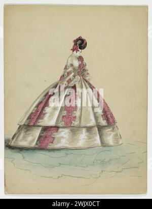 Charles Pilatte für das Haus der Ghys. Modellfigur für Schneiderin. Weißes Stadtkleid, verziert mit rosa geometrischen Friesen, Madame Ghys Modell. Aquarell auf Karton. 1860. Galliera, Modemuseum der Stadt Paris. 37795-8 Karton, weiß, Schneiderin, geometrischer Fries, Ghys House, Models, Model, Stadtkleid, pink Stockfoto