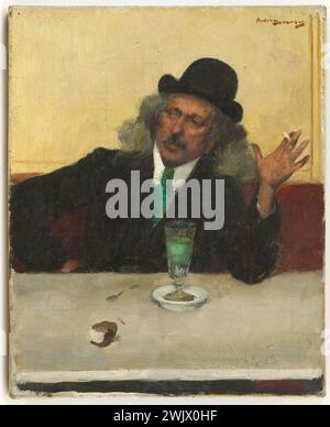 André Devambez (1867-1944). „Im Café“. Öl auf Leinwand. Museum der Schönen Künste der Stadt Paris, Petit Palais. Im Coffee Shop Absinthe, Alkohol, Alkohol, Attitable, trinken Sie ein Getränk, alkoholisiertes Getränk, Bowler Hut, Kaffee, Melonenhut, Zigarette, Kunde, Kunde, Derby, Detete, Drink, Rauchen, Raucher, Mann, innen, innen, innen, innen, Innenraum, Unterhaltungsbereich, Freizeit, Vermietung, Öl auf Leinwand, kleiner Zuckerraum, kleiner Löffel, Ort der Unterhaltung, Take, Entspannung, alkoholisch, allein, Raucher, Löffel, Zuckerschale, Rauch, Tabak, Tabak, Transport, Innenansicht, Öl auf Leinwand, Mann Stockfoto