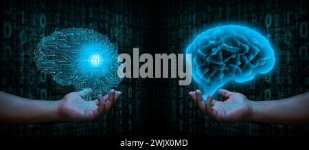 Zwei Hände, die menschliches Gehirn halten und künstliches Intelligenzgehirn mit blauem, futuristischem Design Stockfoto