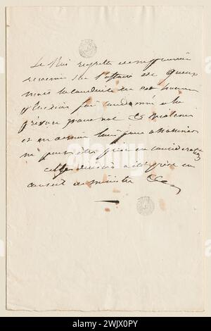 Anonyme, handschriftliche Notiz über die Verweigerung der königlichen Gnade für Claude Gueux (Dummy-Titel), 1832. Tinte auf Papier. Häuser von Victor Hugo Paris - Guernsey. Stockfoto
