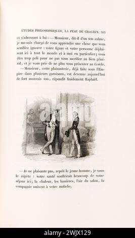 Anonym. "La Skin de Chagrin", Roman von Honoré de Balzac (1799-1850), illustrierte Ausgabe. "Raphaël de Valentin, verursacht durch einen jungen Mann aus dem Wasserkreis". Stahlgravur. Edition H. Delloye und Victor Lecou, 1838. Paris, Maison de Balzac. Stahlstich, Illustration, die Haut der Trauer, illustre Arbeit, Roman, Wurfarbeiten Stockfoto