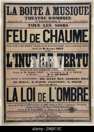 Morris Vater und Sohn drucken. Die Musikbox, das Schattentheater, das reetgedeckte Feuer. Poster. Typografie (rosa Schablone), 1897. Paris, Carnavalet Museum. 75 Boulevard Clichy, Werbeplakat, Musikbox, Reetfeuer, Unterhaltungsort, rosa Schablone, Gedicht, Werbung, Rezension, Theaterschatten, Typografie Stockfoto