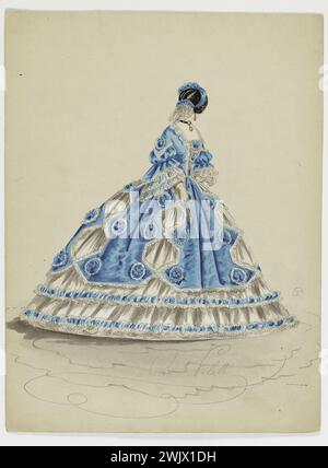 Charles Pilatte für das Haus der Ghys. Modellfigur für Schneiderin. Abendkleid. Aquarell auf Karton. 1860. Galliera, Modemuseum der Stadt Paris. 37792-3 Aquarell auf Karton, Album, weiß, blau, Designer, Junge Frau, Haus Gheys, Model-Figial, Abendkleid, zweites Reich, fliegend Stockfoto