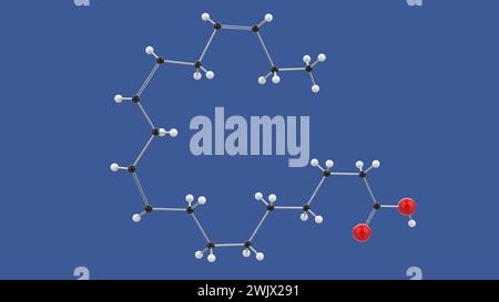 Alpha-Linolensäure, Omega-3-ALA-3D-Molekülstruktur, auf blauem Hintergrund, 3D-Rendering-Illustration Stockfoto