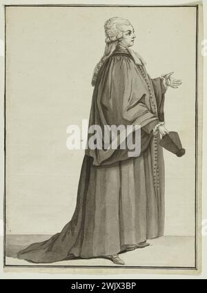Pierre Thomas Leclerc (1740-APR. Nr. 1799). „Richter“. Zeichnung für Brett 245 oder 246 des 38. Notizbuches (bis) von 'französischen Kostümen', 33. Suite von 'modisch gekleidet' im Jahr 1782. Schwarzer Tintenstift, graues Waschen, weißes Papier. Galliera, Modemuseum der Stadt Paris. 37827-2 französisches Kostüm, schwarze Tinte, modische Kleidung, graue Waschung, Richter, Feder, Kleid Stockfoto