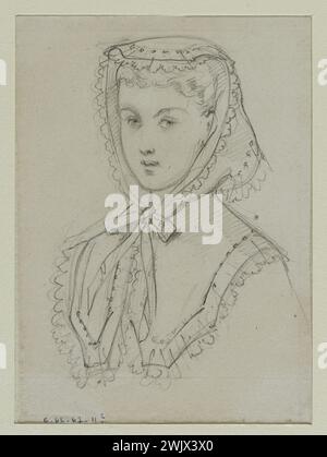 Anais Toudouze (1822-1899). "Frau mit einer geknüpften Kappe". Bleimine, Whitepaper. 1866-1867. Galliera, Modemuseum der Stadt Paris. 37822-18 Noue Mütze, Frisur, Zeichnung, Frau, Bleimine, Porträt, zweites Reich Stockfoto