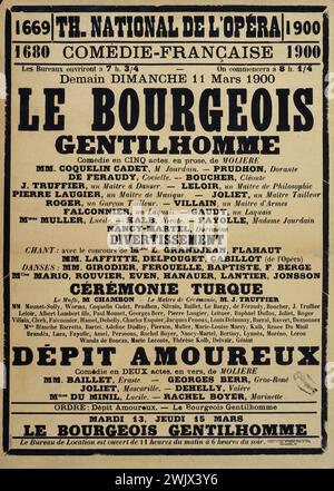 Morris Vater und Sohn drucken. Nationaltheater der Oper, Comédie-Francaise, Le Bourgeois Gentilhomme. Poster. Typografie, 1900. Paris, Carnavalet Museum. Werbeplakat, Comedie-Francaise, Theaterstück, Präsentation, Programm, Werbung, Theater National Opera, Typografie Stockfoto