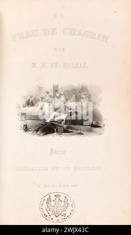 Anonym. "La Skin de Chagrin", Roman von Honoré de Balzac (1799-1850), illustrierte Ausgabe. "Skelett Hand zieht Raphaël de Valentin durch Haare". Ausgaben Houdaille. Paris, Balzac Haus. Illustration, die Haut der Trauer, illustre Arbeit, Roman, literarische Arbeit Stockfoto