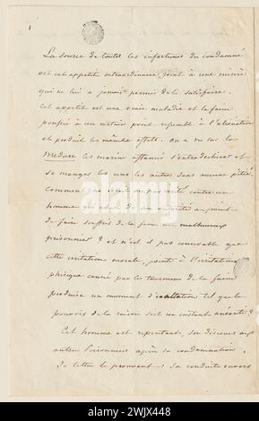Anonyme, handschriftliche Notiz zu Claude Gueux (Dummy-Titel), 1832. Tinte auf Papier. Häuser von Victor Hugo Paris - Guernsey. Stockfoto