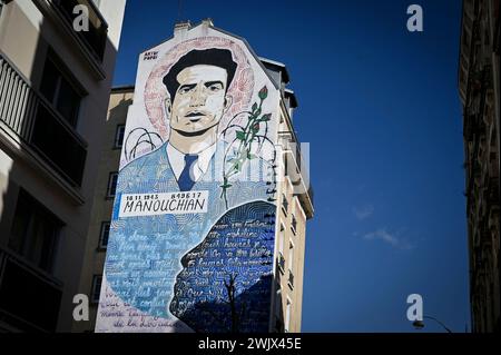 Paris, Frankreich. Februar 2024. Fresko in Hommage an Missak Manouchian im 20. Bezirk von Paris. Frankreich am 17. Februar 2024 in Paris. Foto: Stephane Le Tellec/ABACAPRESS.COM Credit: Abaca Press/Alamy Live News Stockfoto