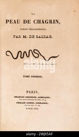 Anonym. "La Skin de Chagrin", Roman von Honoré de Balzac (1799-1850), illustrierte Ausgabe. „Serpentine Linie“. Charles Gosselin und Urban Canel, Buchhändler. 1831. Paris, Haus von Balzac. Illustration, die Haut der Trauer, illustre Arbeit, Roman, literarische Arbeit Stockfoto