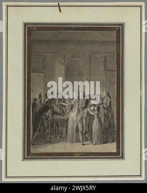 Anonym. Ludwig XVI., bezeugt seine treuen Freunde, als er von ihnen getrennt wurde, seine Dankbarkeit und die seiner Familie, 13. August 1792. Federn, braune Tinte, lavis und weiße Strähnen. Paris, Carnavalet Museum. 99381-25 KÖNIG VON FRANKREICH Stockfoto