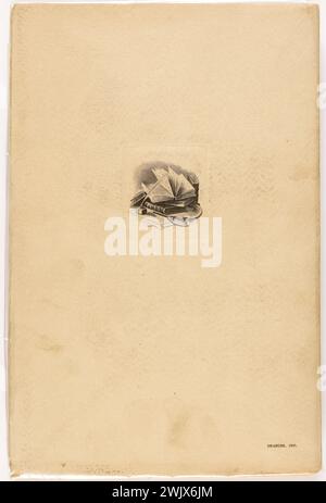 Anonym. "La Skin de Chagrin", Roman von Honoré de Balzac (1799-1850), illustrierte Ausgabe. "Bücher Eitelkeit, Tintenfass, Feder, fliegende Blätter, Spiegel und Schlange". Stahlgravur. Ausgabe Jules Tallandier, 1928. Paris, Maison de Balzac. Stahlstich, Illustration, die Haut der Trauer, illustre Arbeit, Roman, Wurfarbeiten Stockfoto