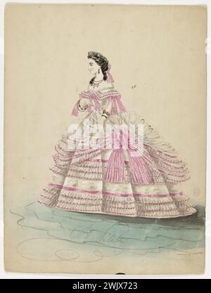 Charles Pilatte für das Haus der Ghys. Modellfigur für Schneiderin. Abendkleid aus weißem Taft, mit zwei Reihen von Schwungrädern und rosa Schleife, Modell von Madame Ghys. Aquarell auf Karton. 1860-1870. Galliera, Modemuseum der Stadt Paris. 37830-11 Aquarell auf Pappe, zwei, weiblich, junge Frau, Hausghys, weibliches Modell, weibliches Modell, Ornae, für Näherin, fliegende Reihe, Abendkleid, rosa Schleife, zweites Reich, weißer Taft Stockfoto