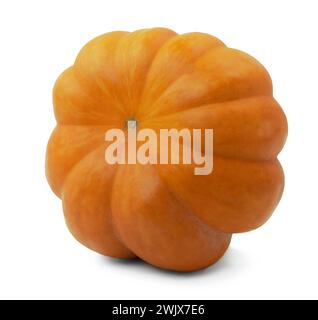 Menü „Fastenzeit“. Gesundes, vegetarisches Essen. Herbstlicher orangefarbener Kürbis auf weißem Hintergrund. Isoliert. Mit Schatten. Stockfoto