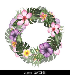 Kranzrahmen tropisches Blatt Monstera und Blumen Hibiskus, Plumeria, Palme Aquarell isoliert auf weißem Hintergrund. Aquarell handgezeichnet Botanik Stockfoto