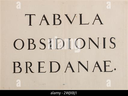 Jacques Callot (1592-1635). "Hauptsitz von Breda, Titel und beschreibende Tabellen gedruckt vom Verlag Plantin in Antwerpen:" Tabula obsidionis Bredanae" (Lieure 593, Meaume 510). Eau-Porte. 1627. Museum der Schönen Künste der Stadt Paris, Petit Palais. 99597-5 Ätzen, Gravieren Stockfoto